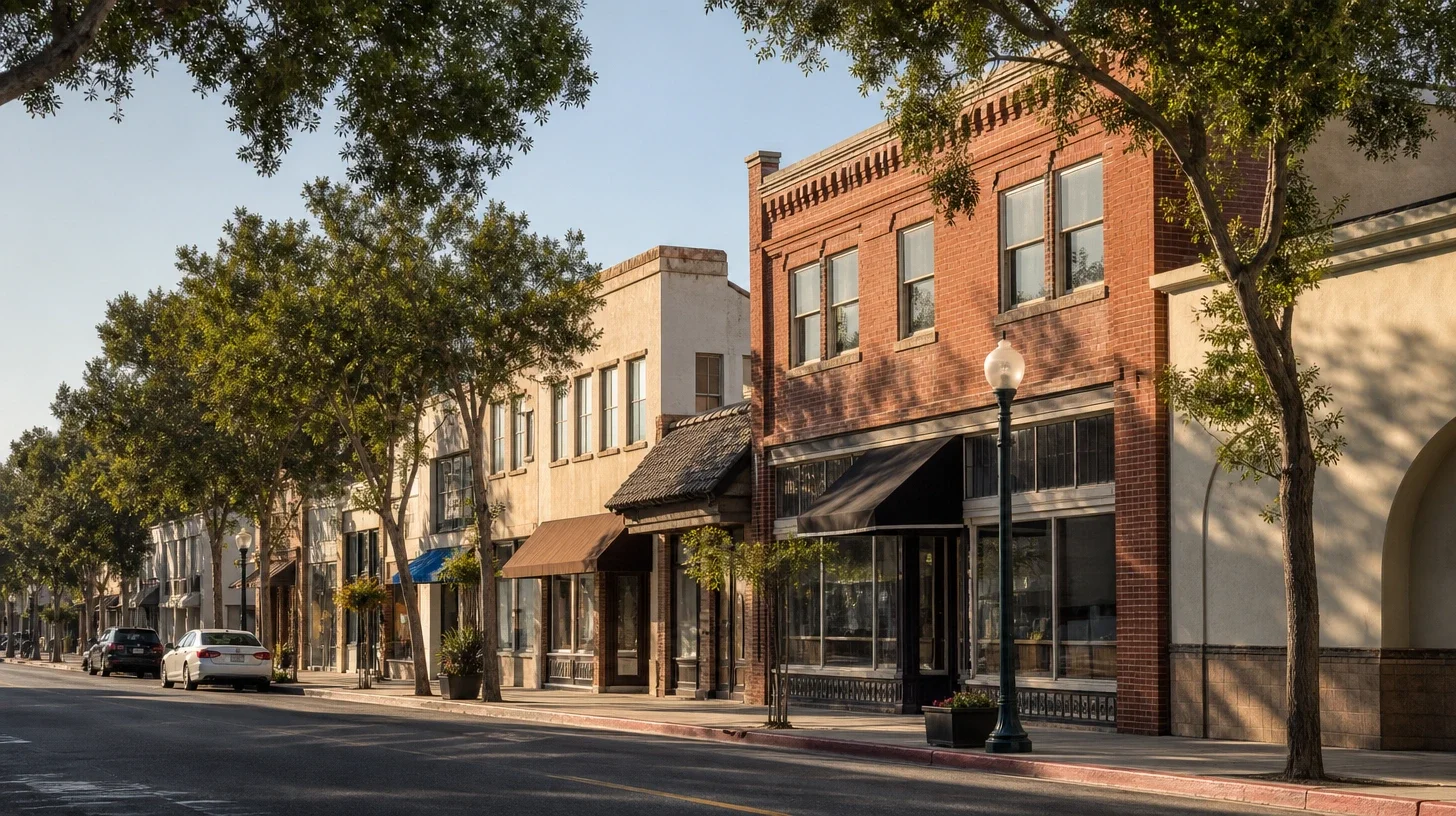 A street of older commercial buildings in late afternoon sun, a two-storey red brick block with a corbelled cornice and dark awning beside a cream stucco neighbour, with a cast-iron street lamp and mature street trees casting shadow