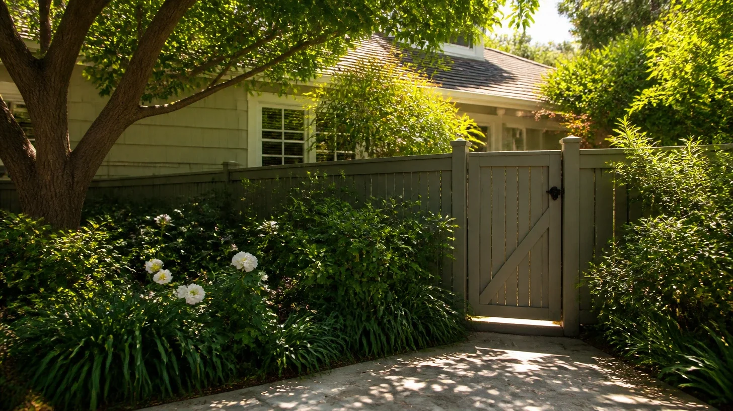 A closed timber side gate in a painted fence line at a Studio City home, seen at a shallow angle from the paved walk with flowering border planting alongside
