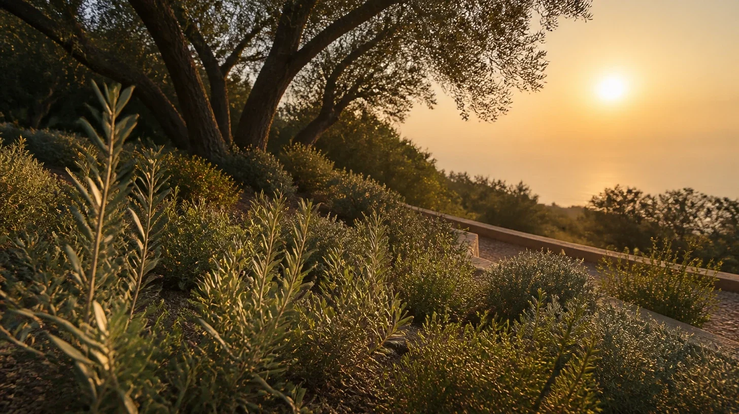 A planted bank on a Malibu property seen low into a sun veiled by coastal haze, a mature olive canopy dark above and newer low planting lit through from behind, with a graded lip crossing the middle distance