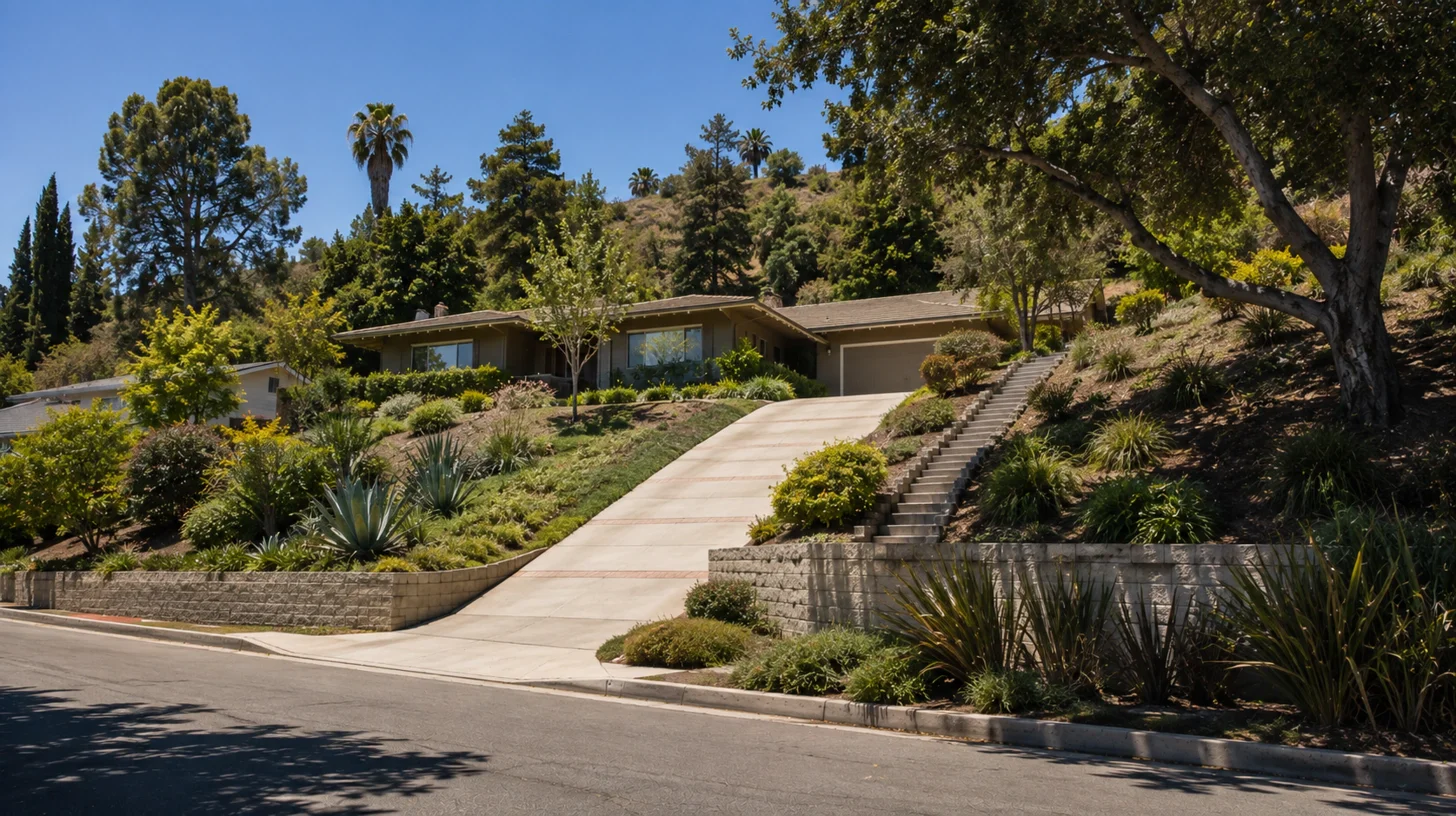 An Encino hillside home set back and above its street, with a stone retaining wall holding the grade change and a driveway climbing to the house.