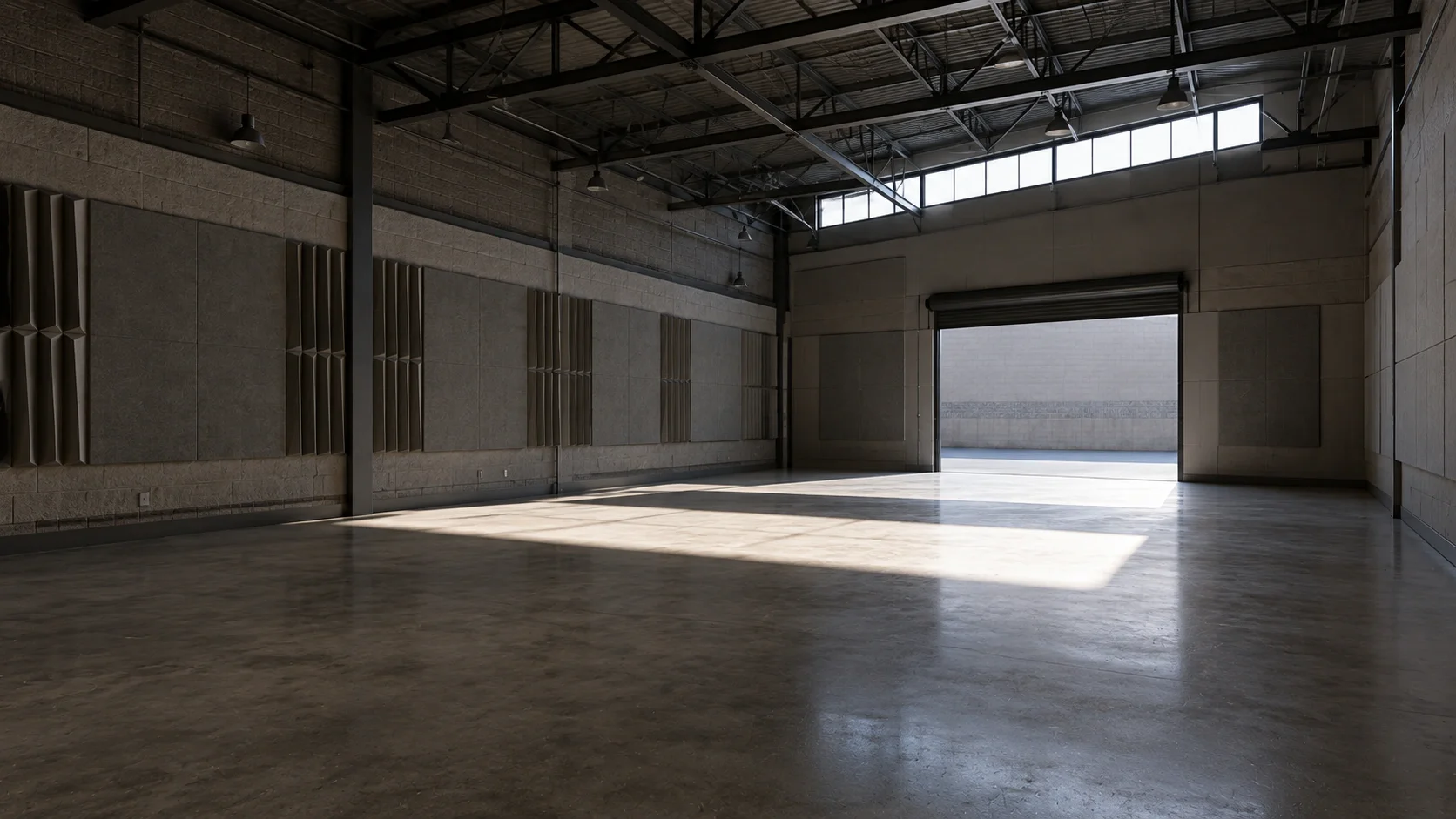 The empty interior of a purpose-finished production building: acoustic panels and angled diffusers along one wall, exposed steel bar-joist structure overhead, and a polished concrete floor lit by sun falling through an open roll-up door.