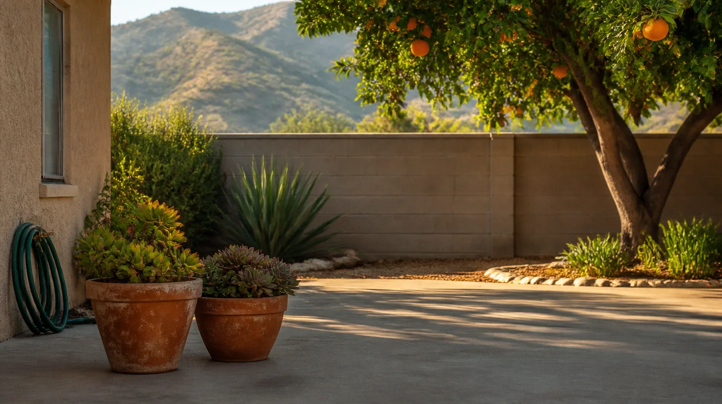 A concrete back patio beside a stucco wall, with two terracotta pots of succulents, a coiled garden hose, a low block boundary wall, a mature orange tree in fruit and dry foothills rising beyond