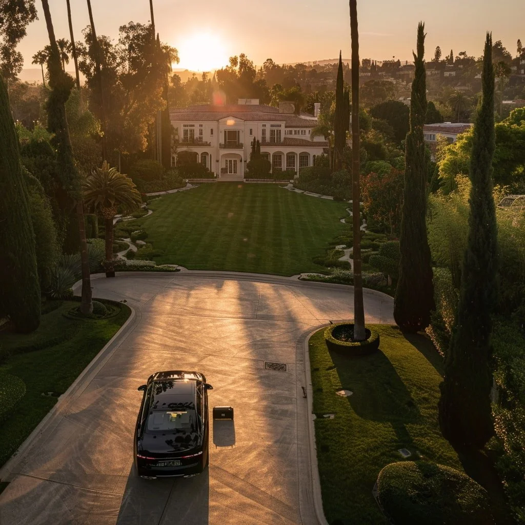 Aerial sunset view of the Beverly Hills Flats with inheritance documents for estate transition testimonial