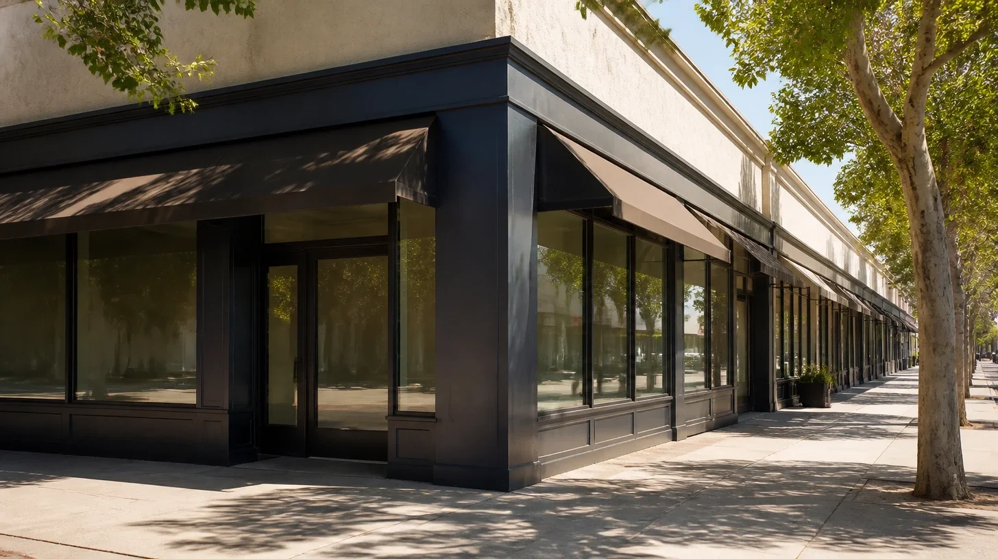 The corner where two runs of Studio City shopfront frontage meet, both elevations visible obliquely and the paving wrapping around the chamfer