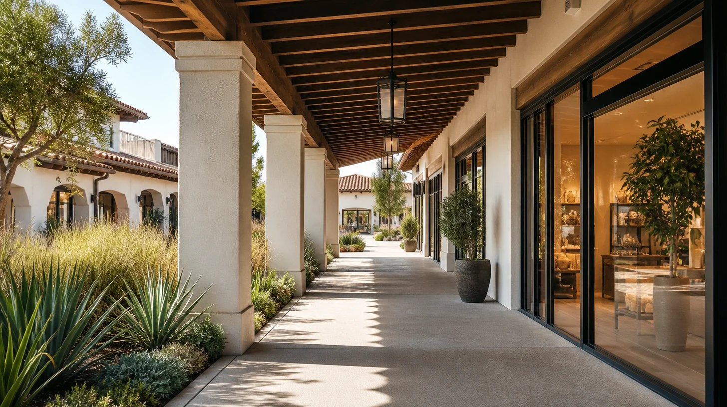 A covered arcade along a retail frontage, with a timber beam ceiling, lantern pendants and stucco piers, glazed shopfronts lit warmly on one side and a planted bed of ornamental grasses and agaves on the other
