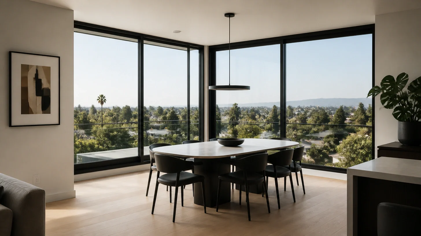 A corner dining space in an attached home, with two walls of floor-to-ceiling glazing meeting at the corner, a pale stone table and dark chairs