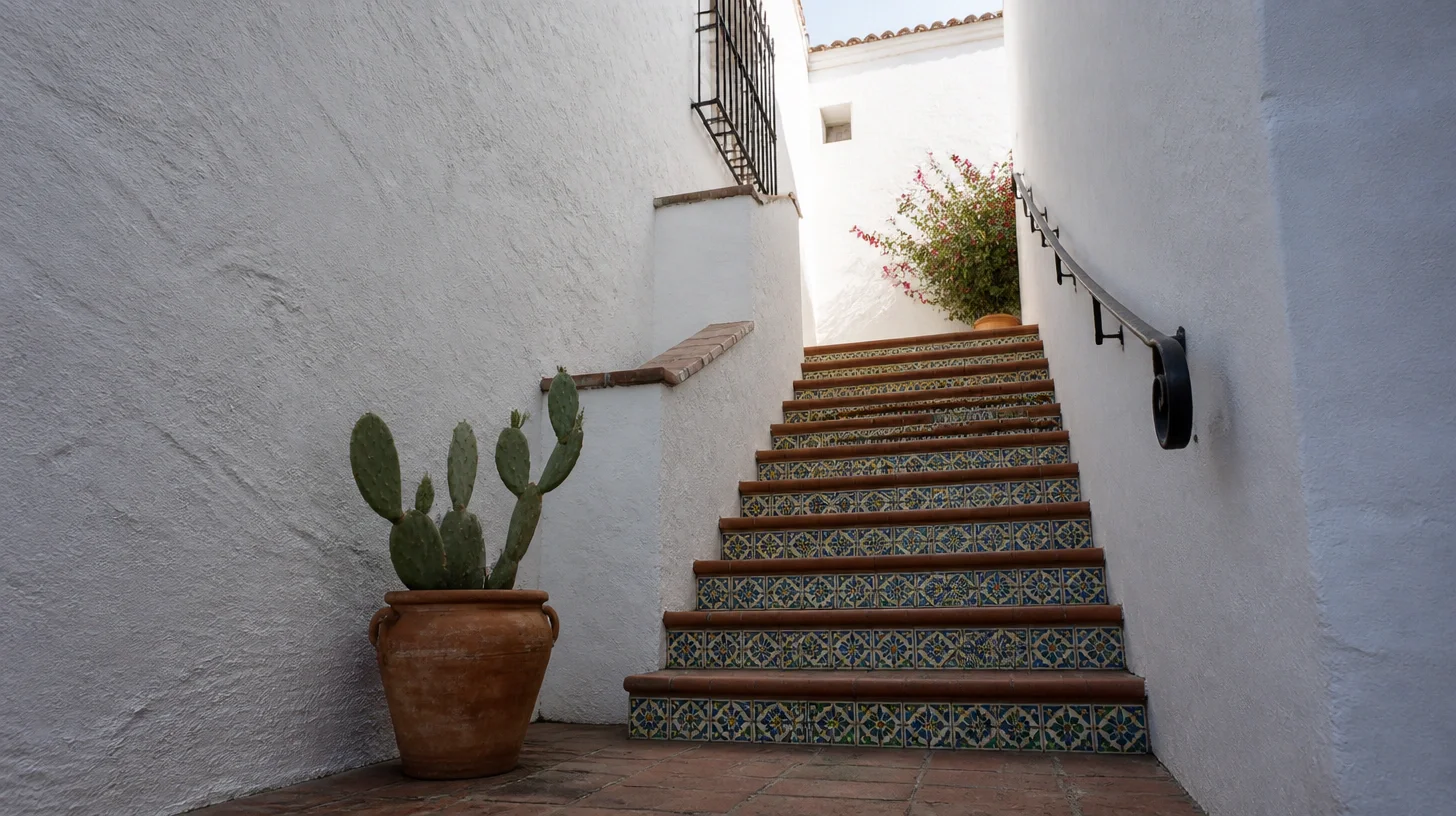An exterior stair with patterned blue and yellow tile risers between white stucco walls, with a cactus in a terracotta pot at its foot and bougainvillea flowering at the top