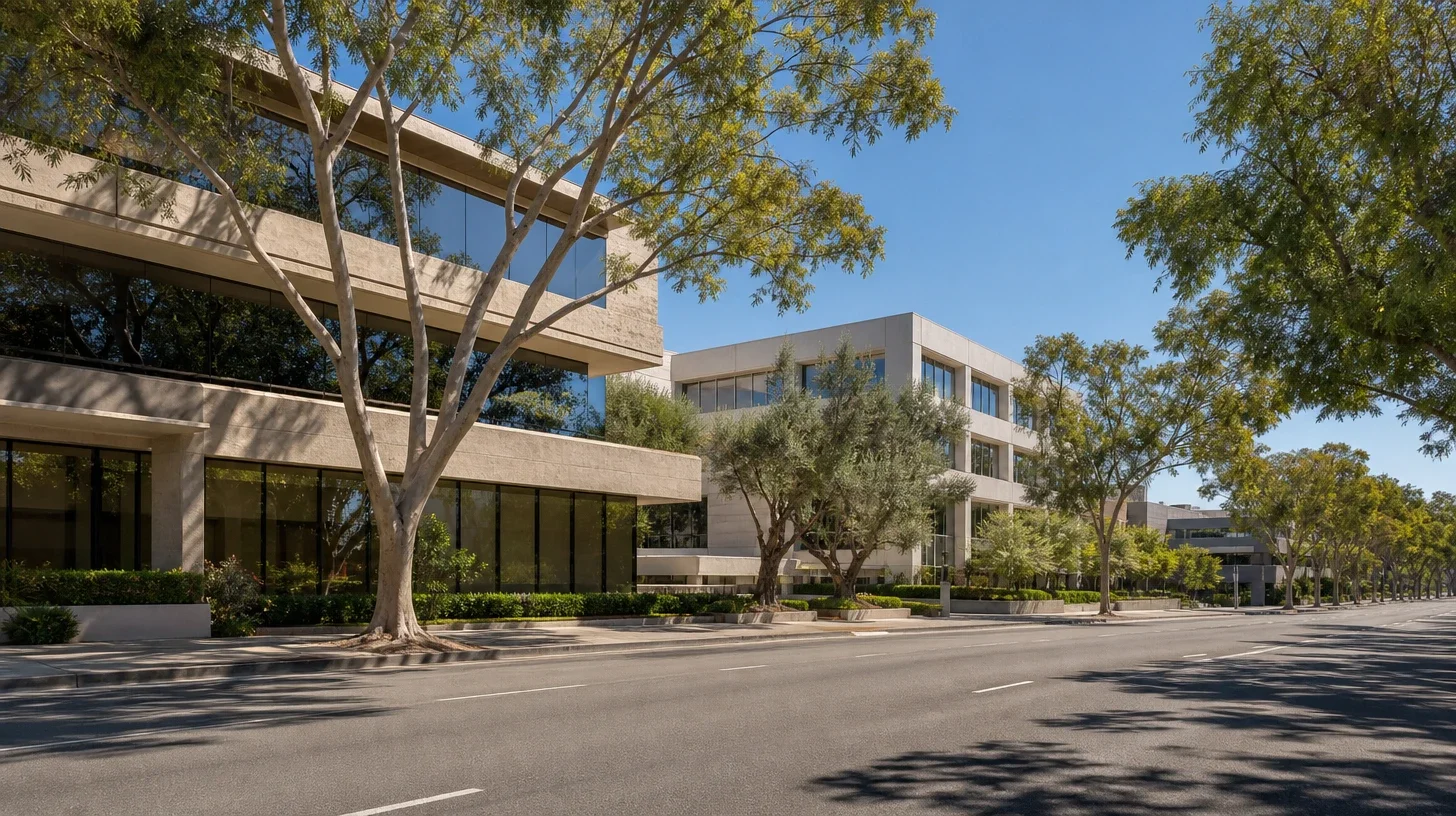 A long view along the Ventura Boulevard professional corridor at eye level, low-rise and mid-rise office behind mature street trees.