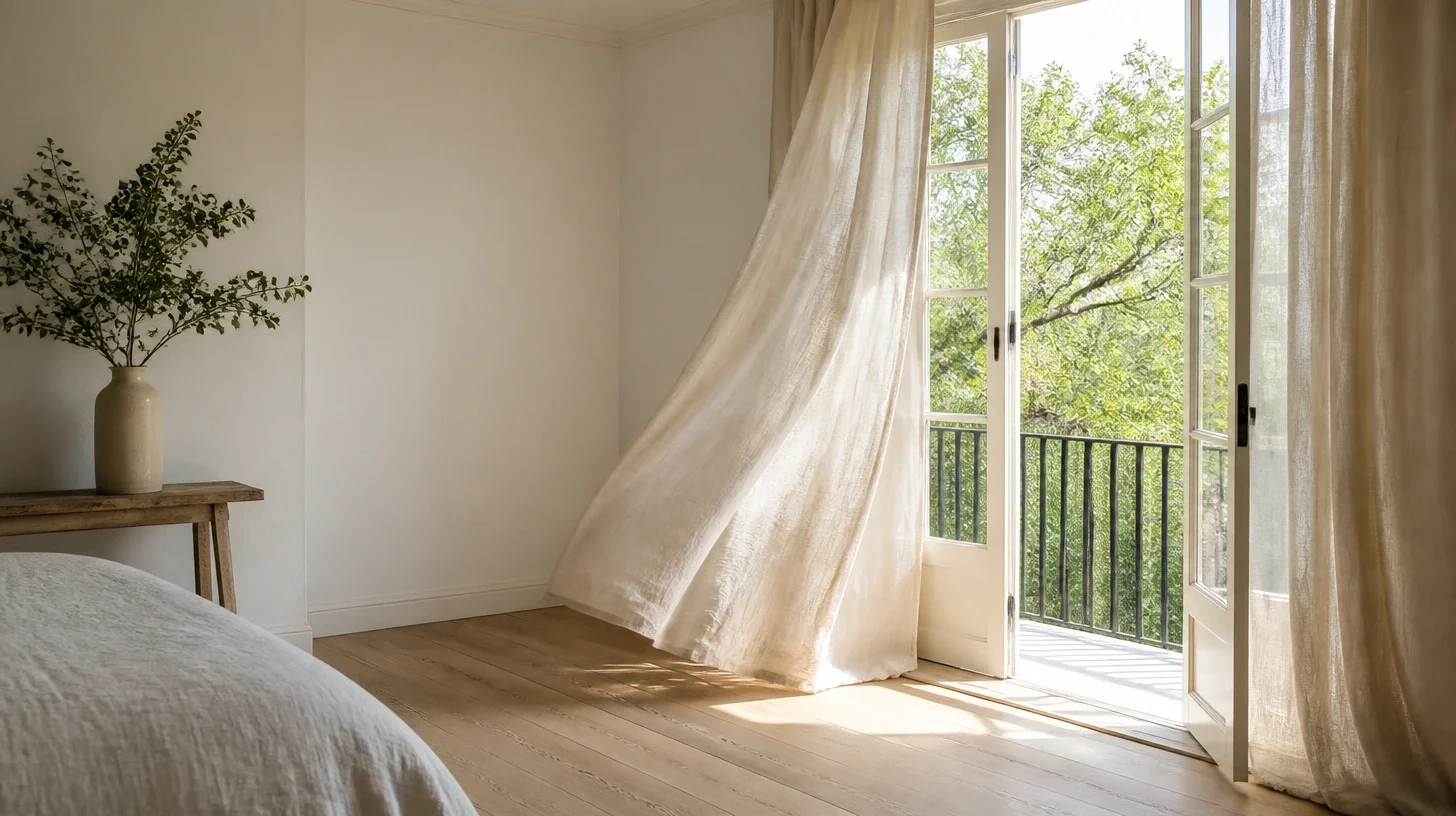 A corner of a bedroom with the foot of a linen-covered bed, a timber side table holding a vase of green foliage, and open glazed doors where a long curtain lifts in the draught onto a leafy balcony