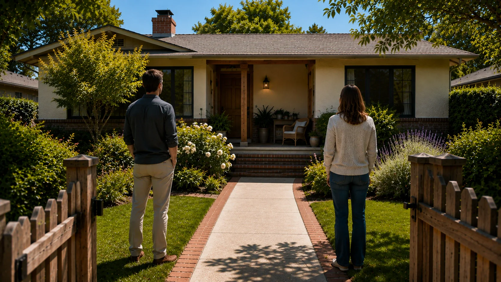 Two adults standing on opposite sides of a front walk, seen from behind, looking toward a single-storey home with a covered porch and a mature front garden.
