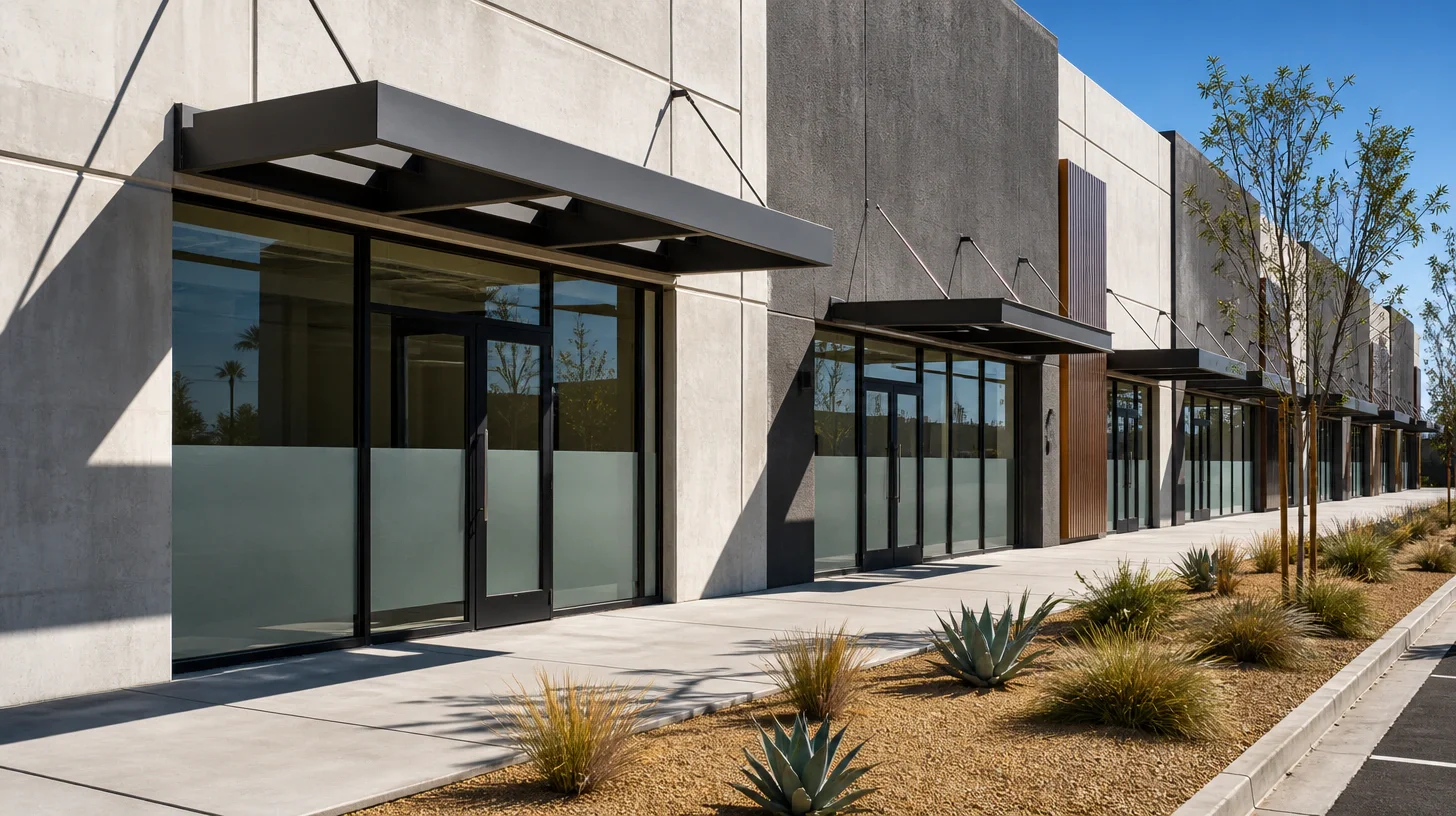 A multi-tenant commercial row with storefront glazing and frosted lower panels, steel entry canopies hung on tie rods, a warm wood-slat accent bay, tilt-up concrete walls, and young trees and drought planting along a walkway