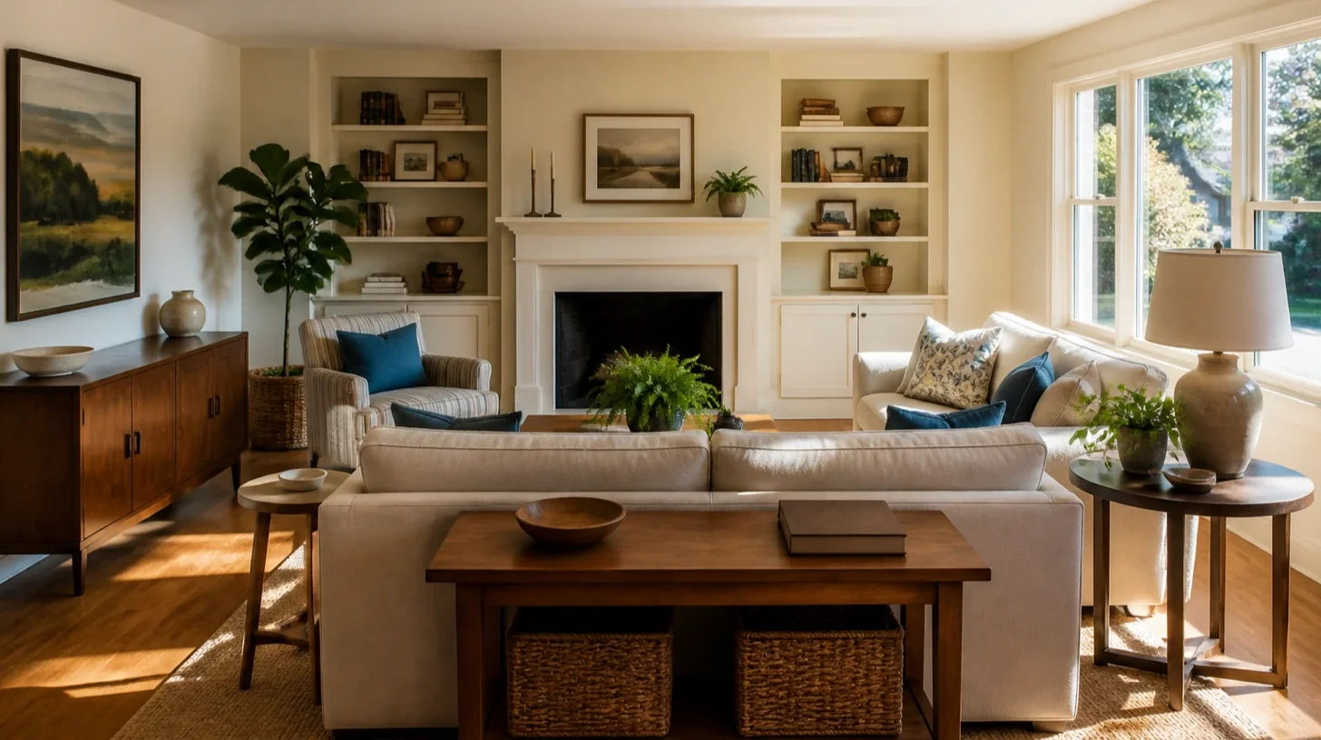 A furnished, cared-for room in an Encino home lit by daylight through a window, in use and momentarily unoccupied.