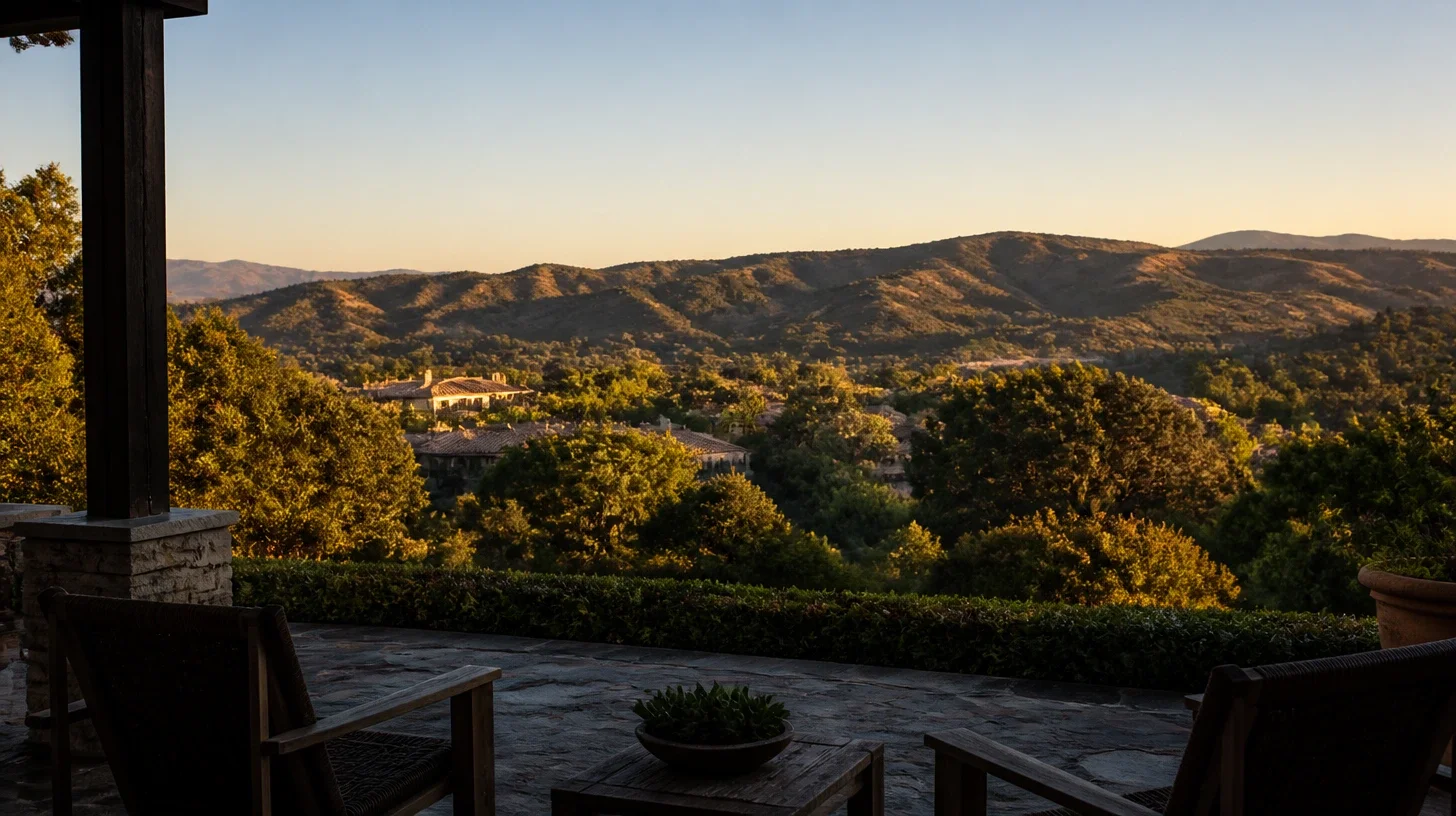 A shaded terrace at a Calabasas home looking out over wooded hills, neighbouring roofs among mature oak and a ridgeline beyond