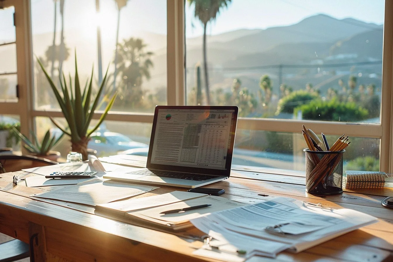 San Bernardino residential home appraisal workspace showing valuation documents, laptop, and neighborhood map