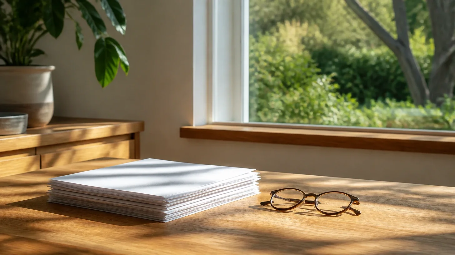 Daylight across a plain timber table beside a window, a small orderly stack of unmarked papers and reading glasses.