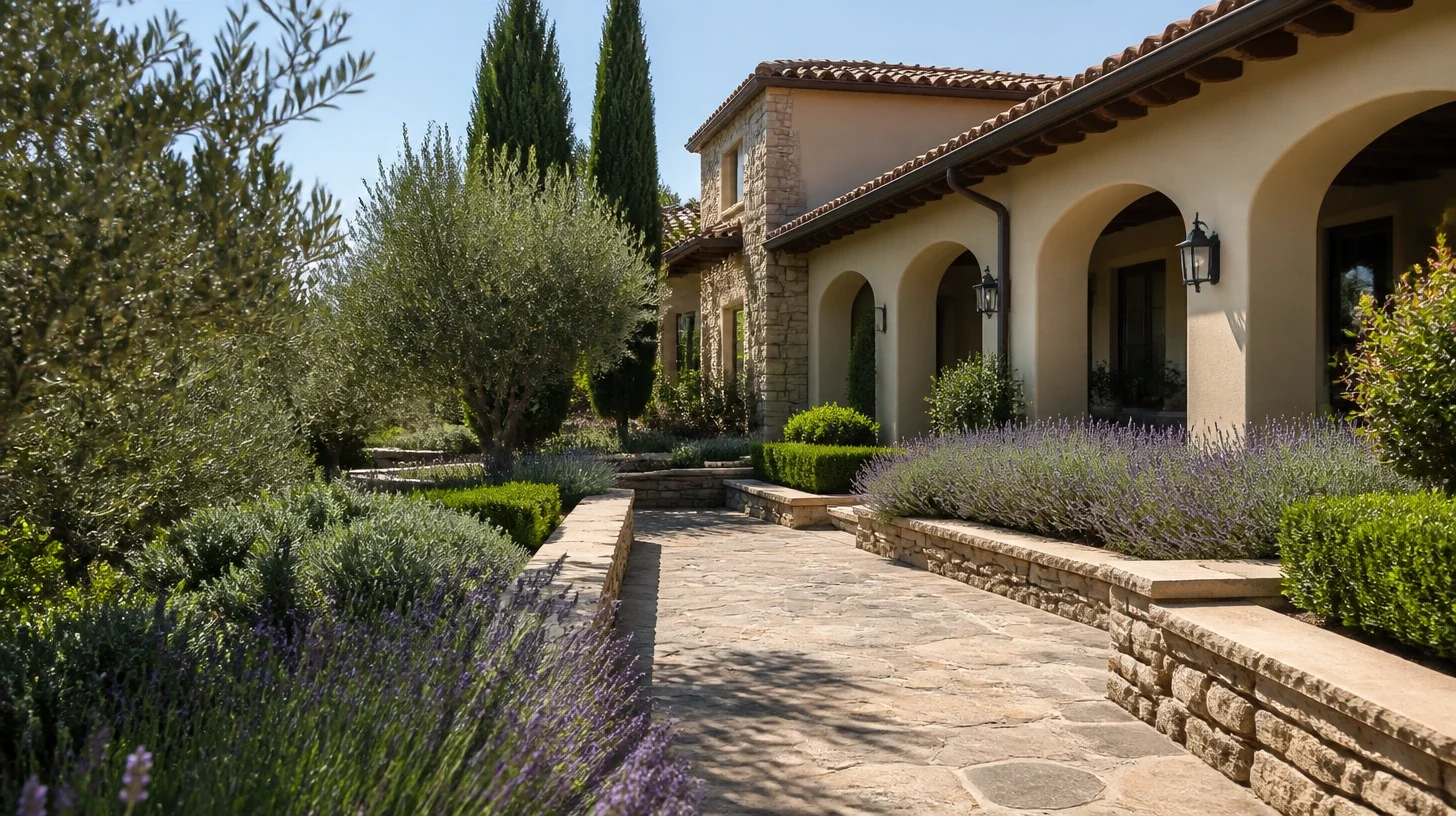 The stone garden terrace of a Calabasas home, lavender along its edges and an arcaded shaded walk running along the house behind it