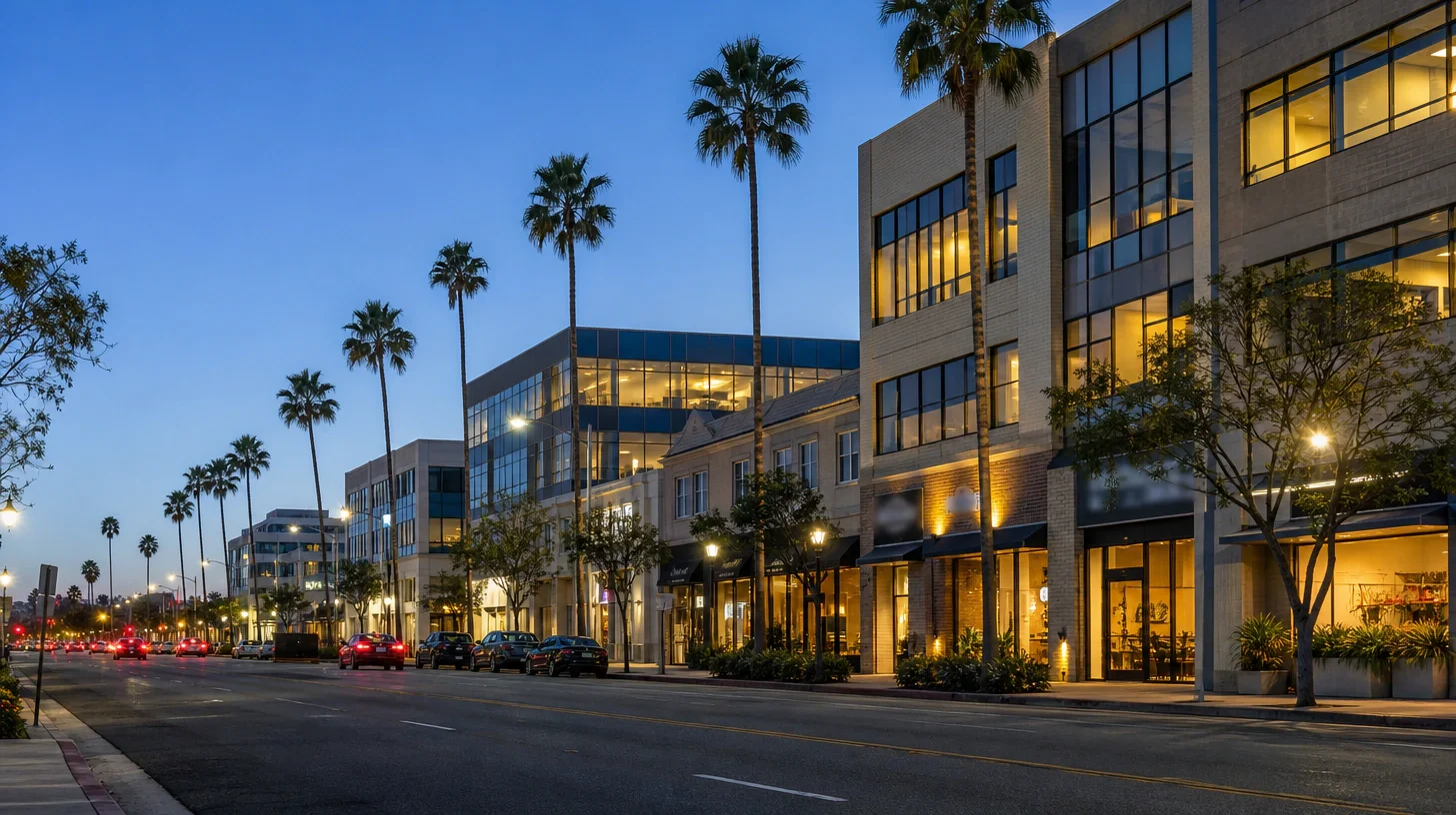 A commercial boulevard at dusk, with lit ground-floor shopfronts under awnings, offices above in brick and glass, a glazed midrise set back at the centre and mature palms along the sidewalk