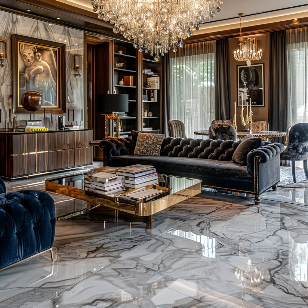 Elegant Beverly Hills living room interior featuring appraisal files for divorce settlement consultation.