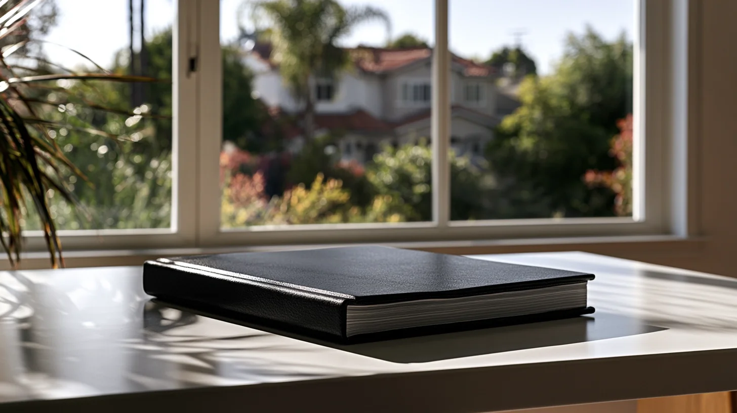 A bound appraisal report closed on a table with a residence visible through the window behind, representing the completed documentation delivered to the client.