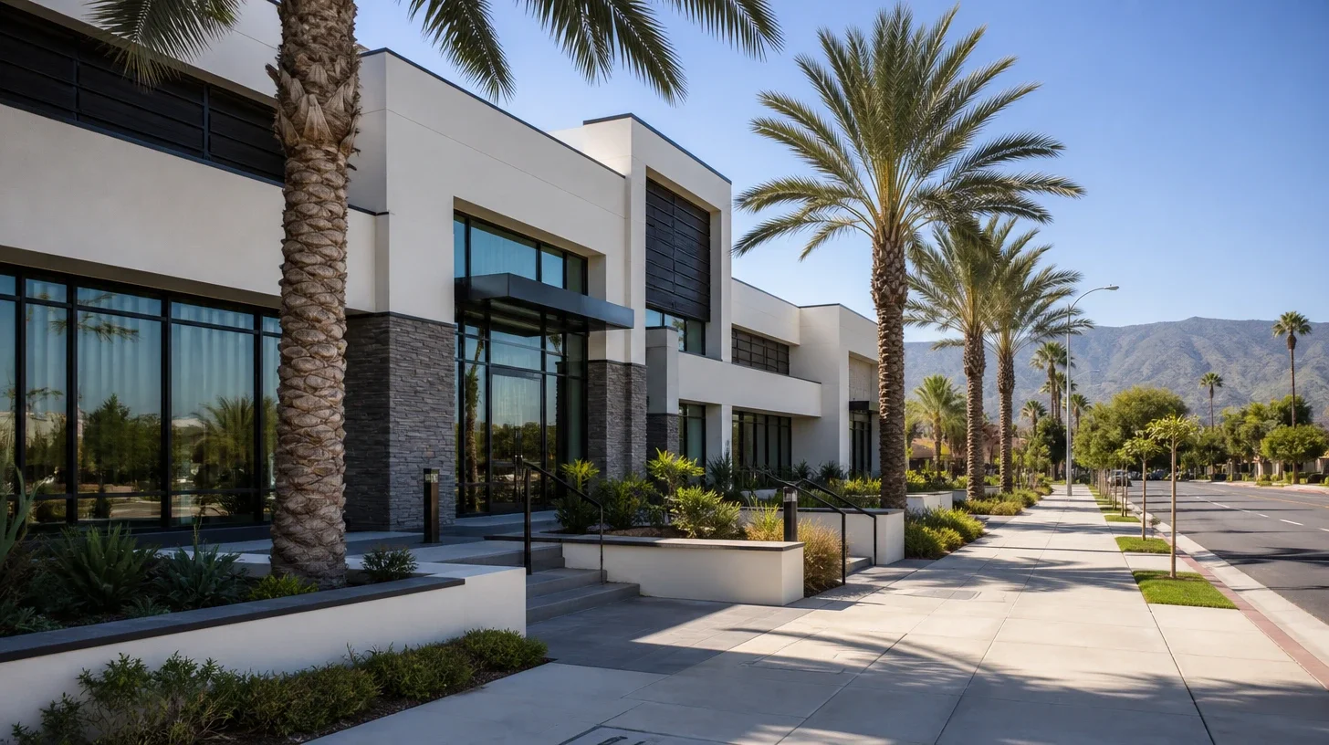 A contemporary low-rise commercial building in white render and dark stone with full-height glazing, mature palms along a wide sidewalk and a planted frontage, with hills across the far distance under a clear sky