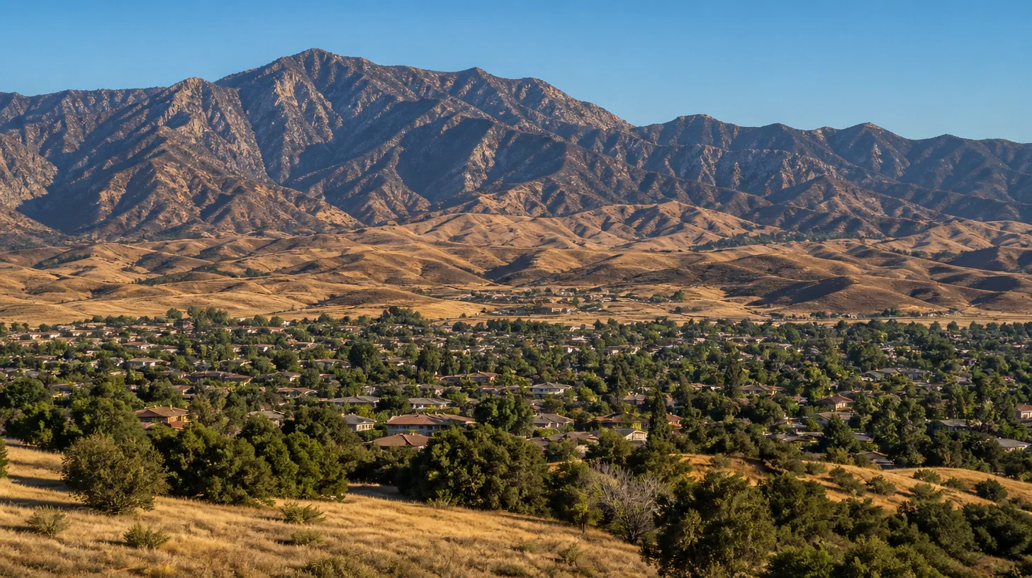 A wide view across a valley floor towards a mountain range, with dry golden foothills stepping down and low suburban development spread small across the middle distance