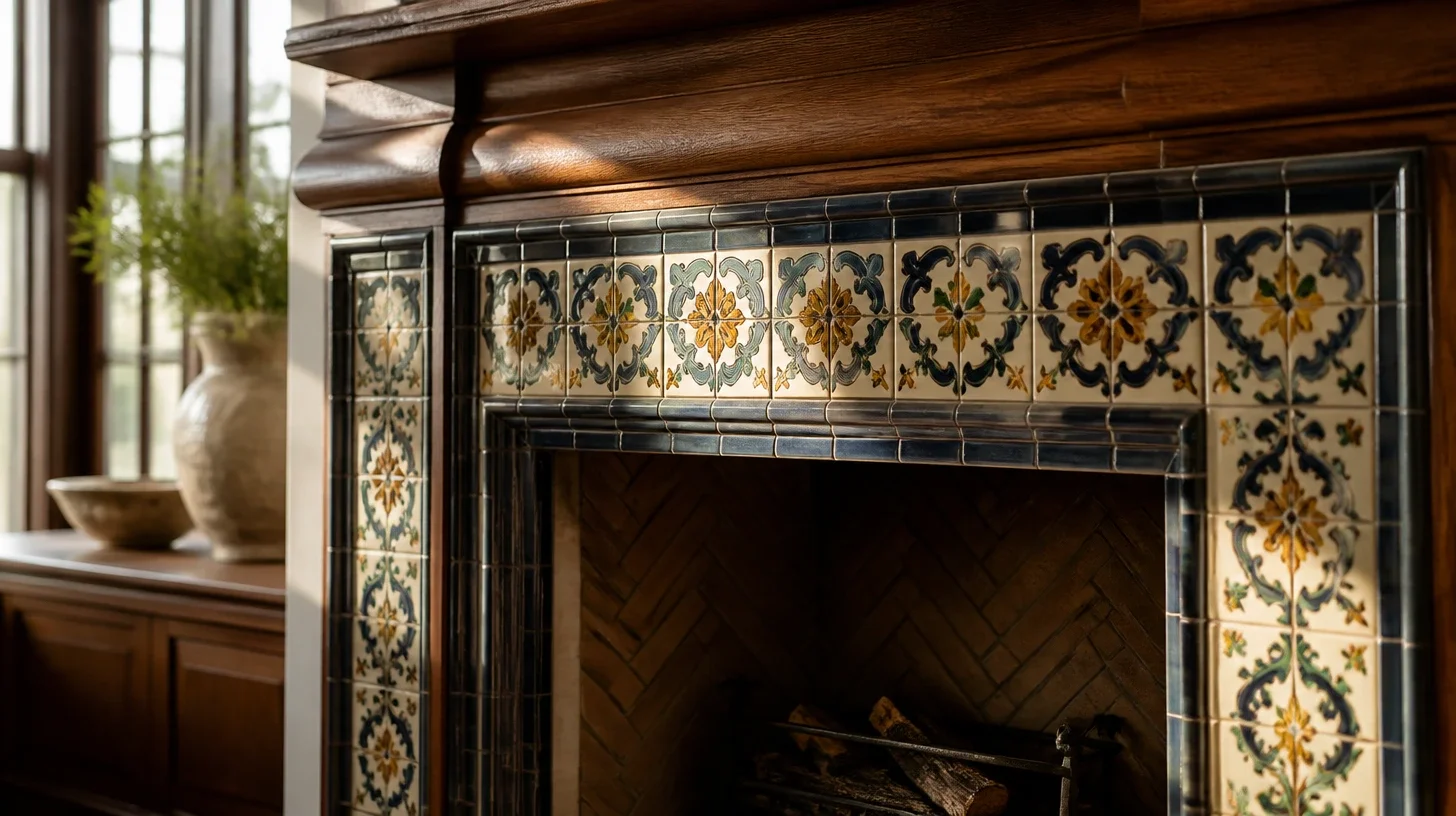 A fireplace surround of hand-glazed patterned tile beneath a shaped timber mantel in a Calabasas home, light raking across the glaze