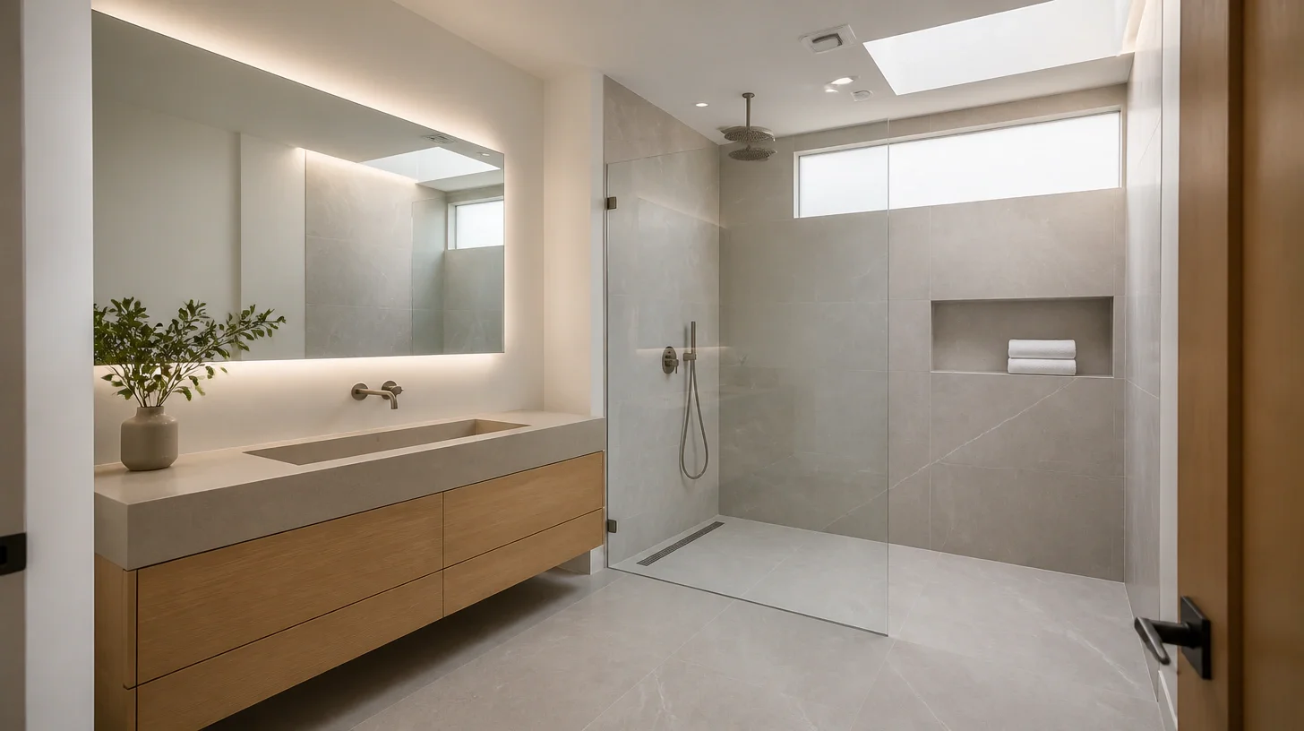 A recently finished bathroom in large-format pale grey porcelain, with a curbless walk-in shower behind frameless glass, a floating oak vanity carrying an integrated stone basin, and a skylight above