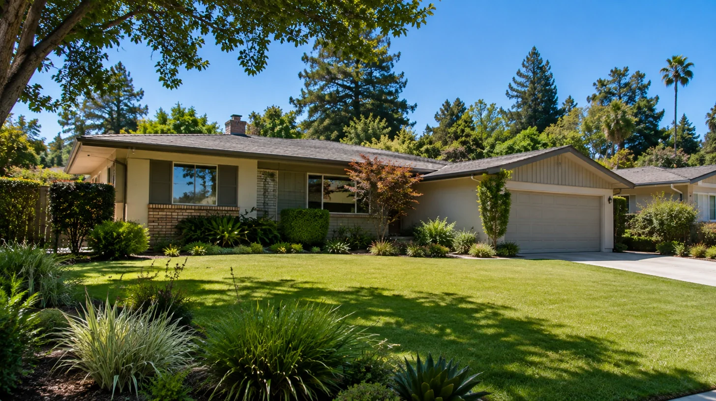 A single-storey Encino ranch home seen from across its street, its lawn, setback and driveway all on one continuous flat plane.