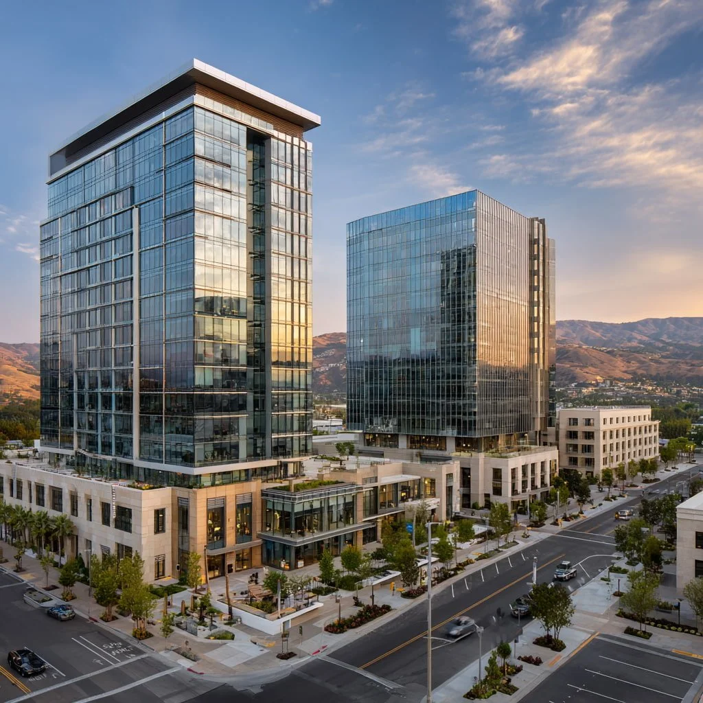 Mid-rise office and studio-adjacent commercial buildings in Burbank’s Media District and Downtown office core.