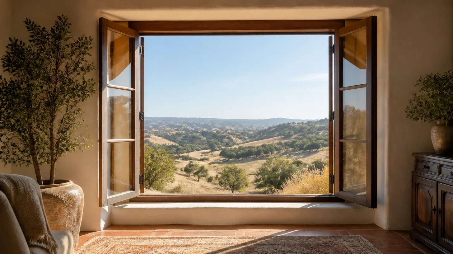 A deep plastered window reveal in a Calabasas home with timber casements standing open onto oak-studded rolling country beyond