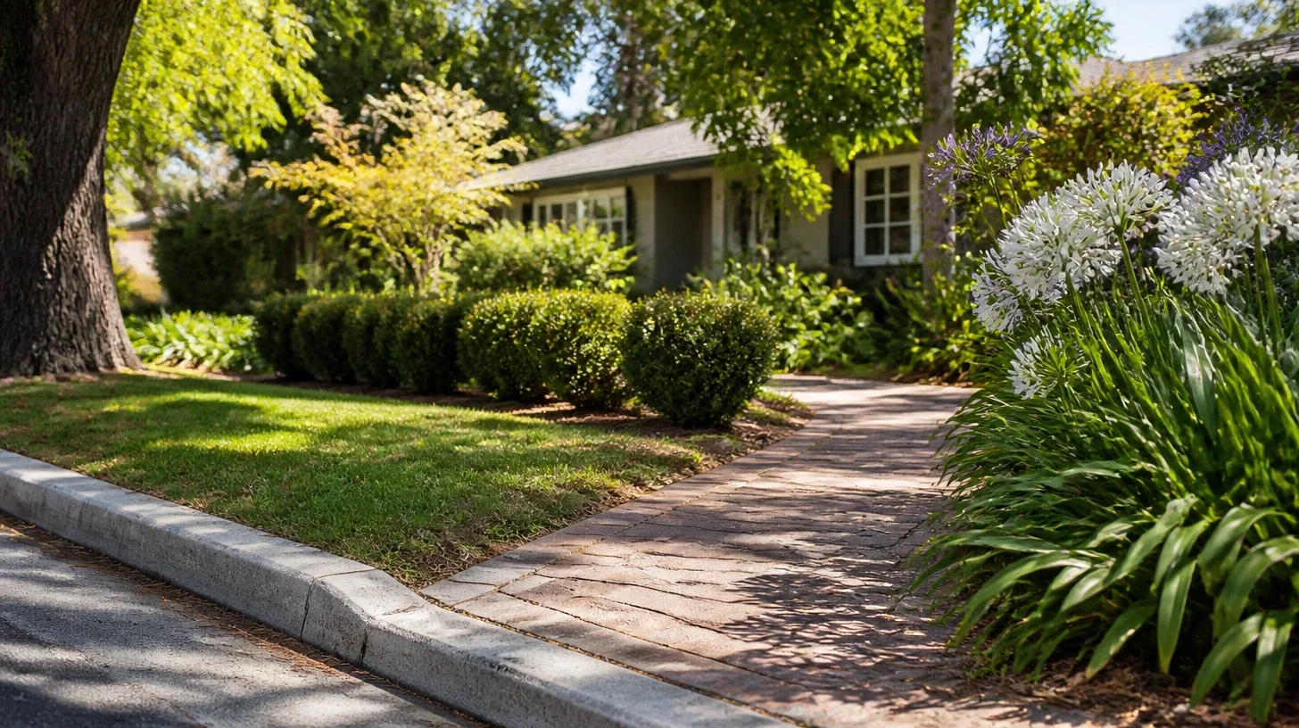The point where the public kerb and verge meet the private front walk of a Studio City home, seen low and obliquely with clipped hedging and agapanthus to either side