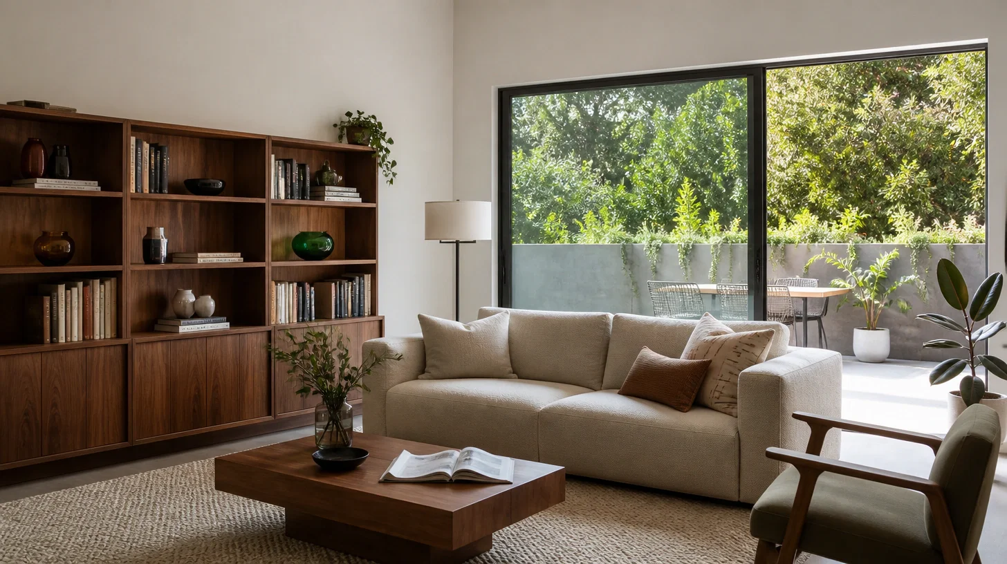 A compact living room with a full-height walnut shelving wall, a pale sofa and a sliding glass wall onto a small paved terrace