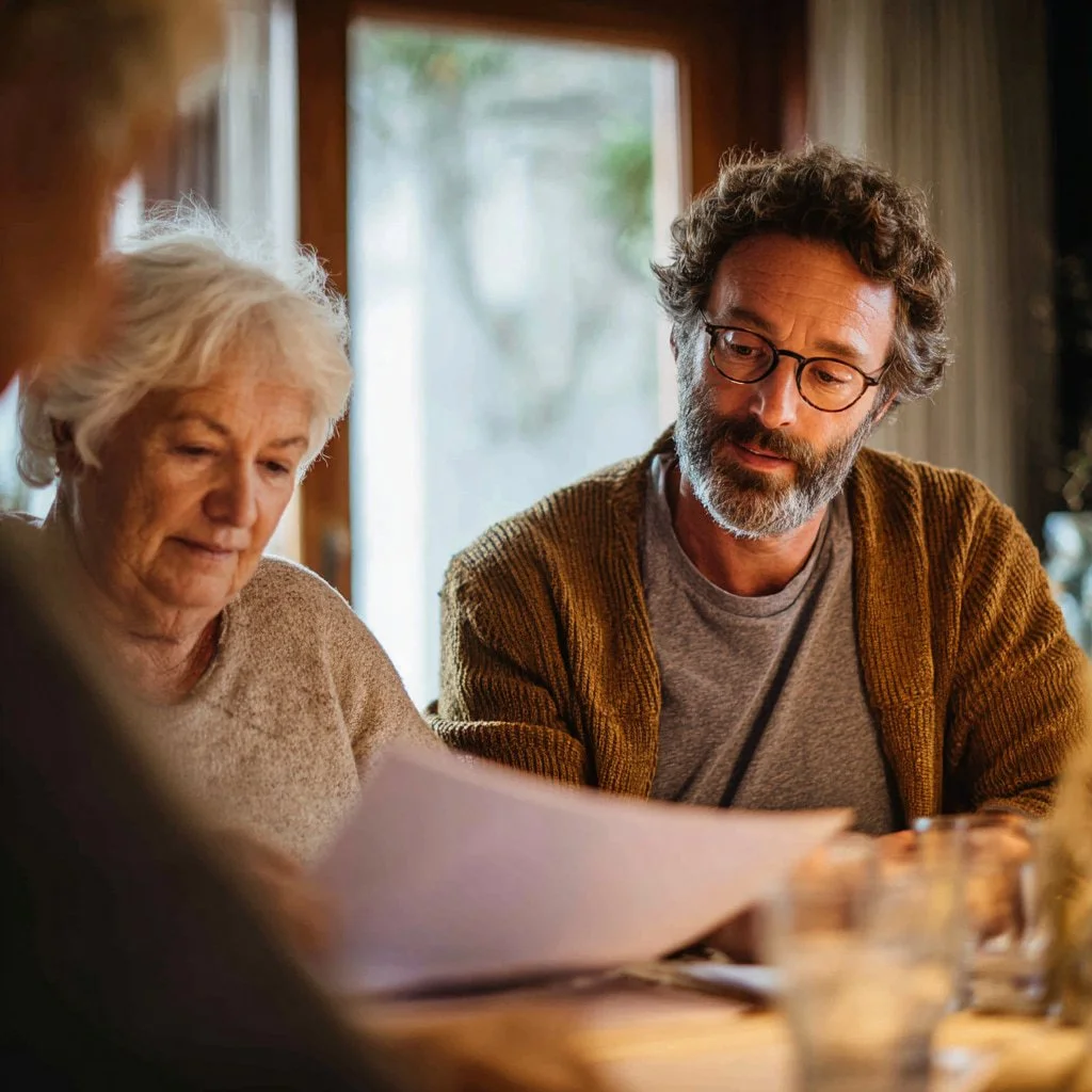 Heirs meeting with documents spread on the table, calmly reviewing an inherited home valuation