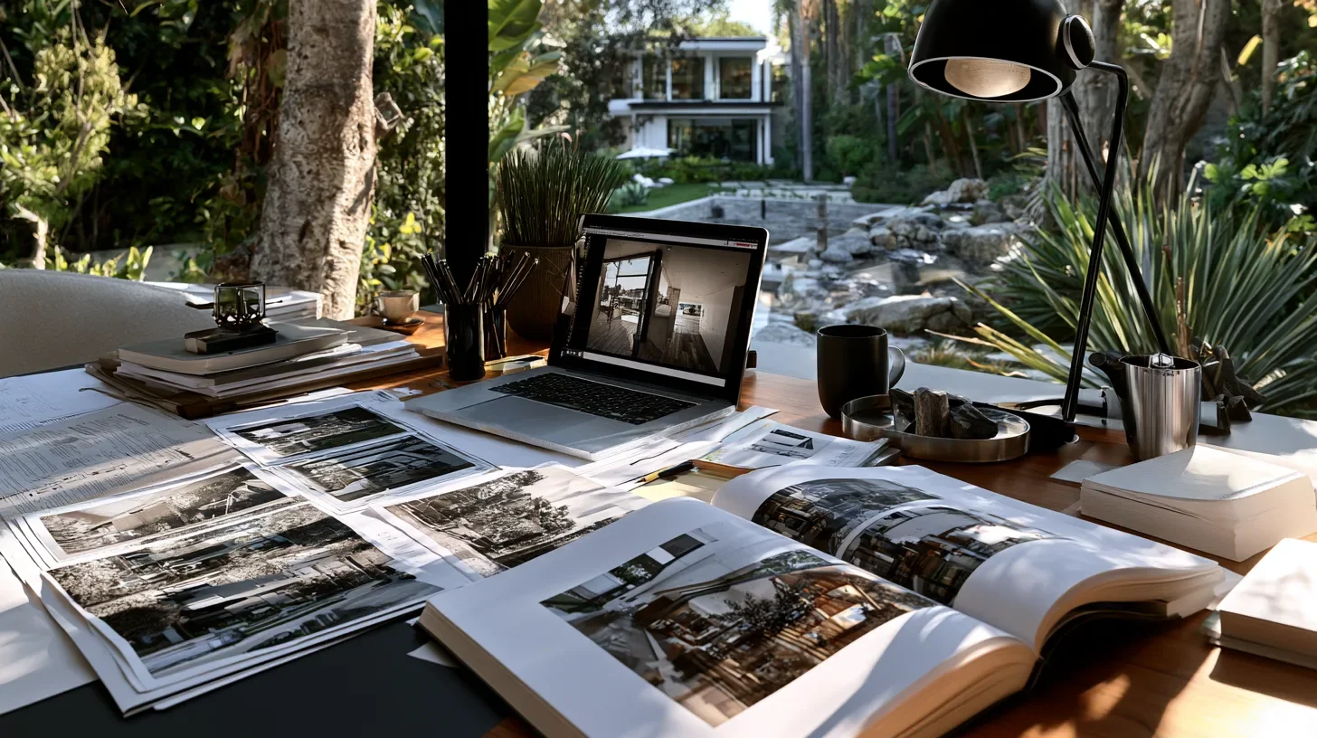 An appraiser's desk with printed comparable-property photographs, reference materials, and a laptop, representing the market evidence used to determine value.