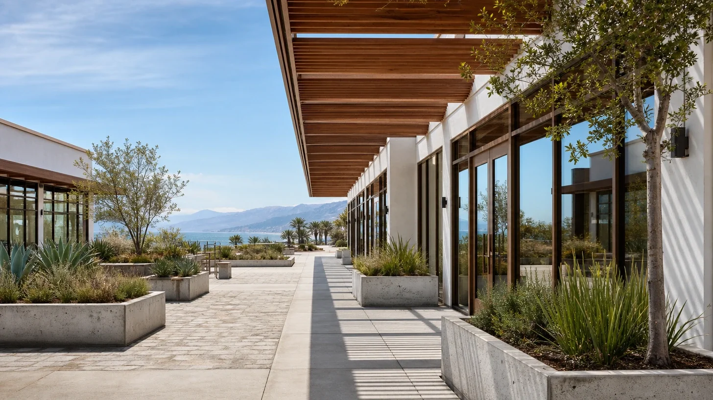 A shaded walkway in a low coastal commercial plaza, with a cedar slat trellis casting linear shadows across stone paving, bronze framed glazing along one side, board formed concrete planters of native grasses and agave, and the ocean and mountains beyond the far end