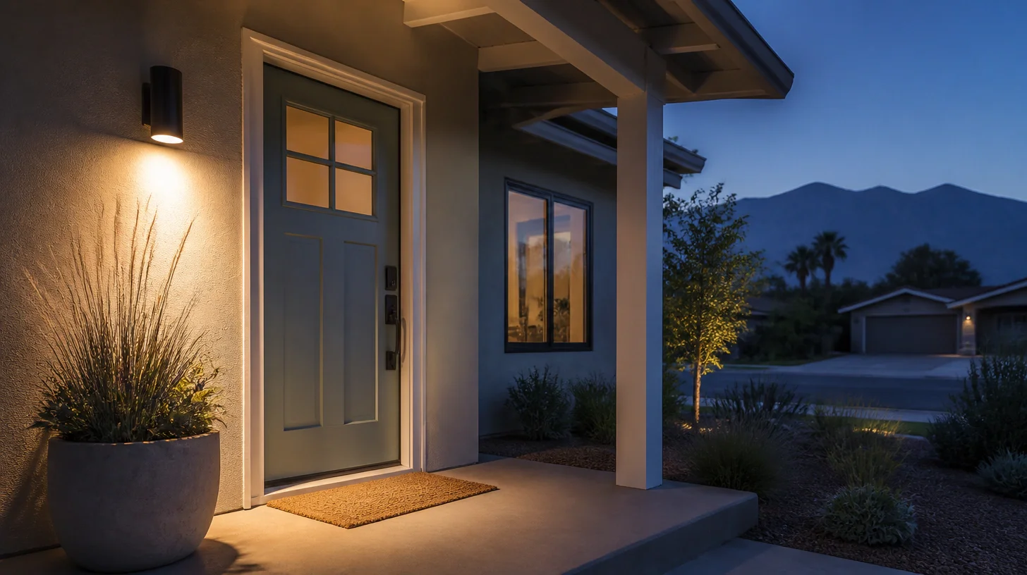 A front porch at dusk with a pale green panelled door under a glazed head, a lit wall lamp, a planter of grasses and the mountains beyond