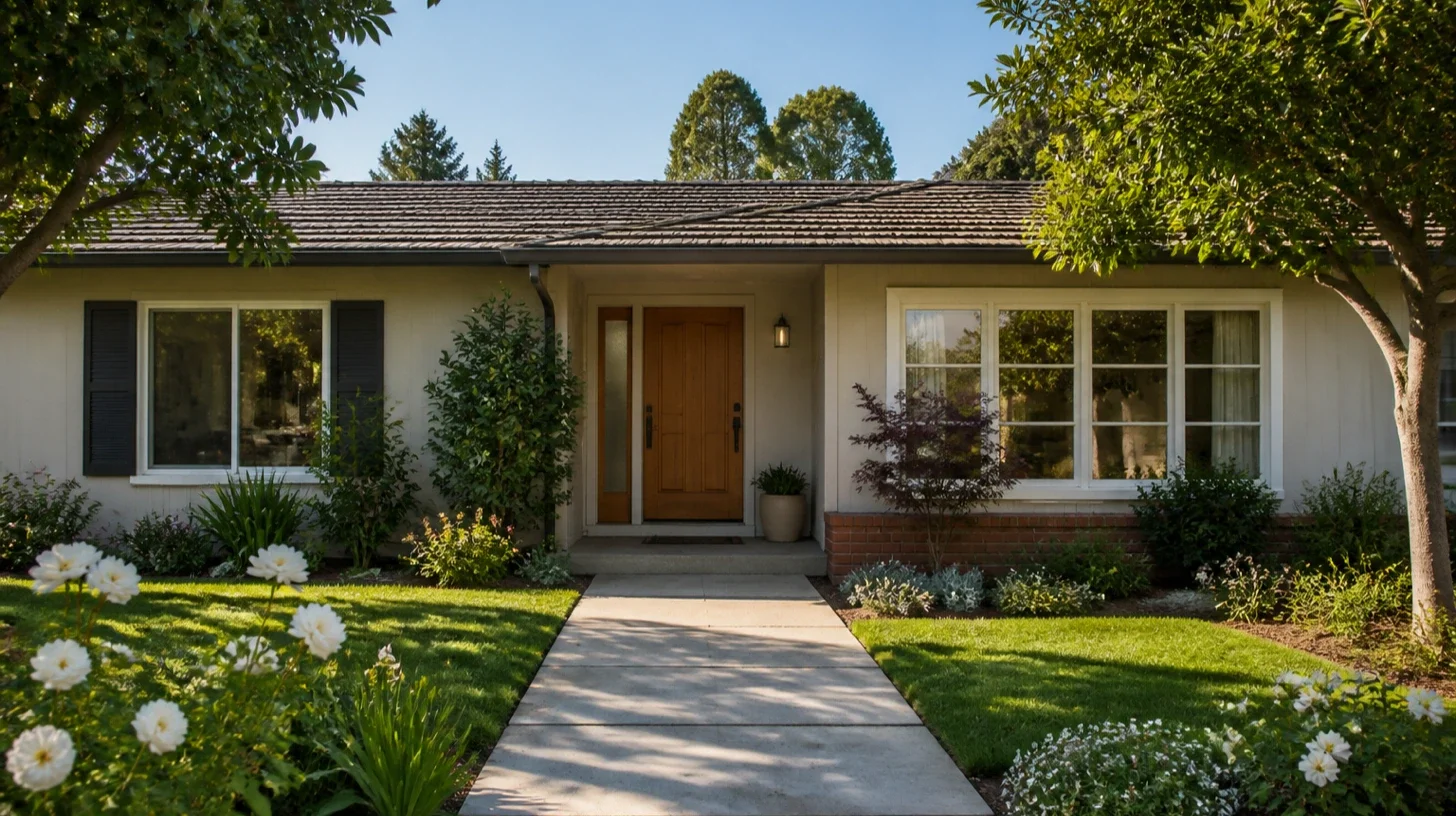 The front elevation of a well-kept single-storey Encino home viewed from the end of its own path, tidy garden and curtains open.
