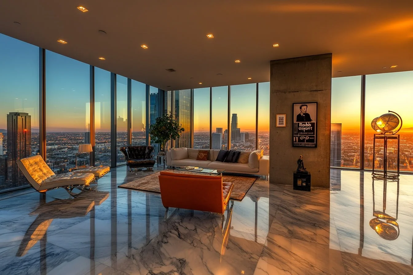 Modern office interior with Downtown Los Angeles skyline — inheritance appraisal workspace for step-up basis and estate tax reporting