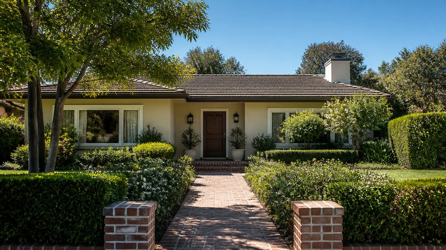 The front elevation of a well-kept single-storey Encino home viewed from the end of its own path, tidy and lived in.