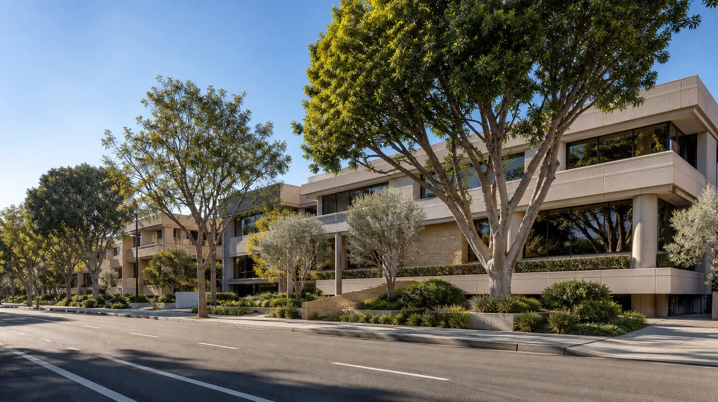 A level view along a run of Encino professional buildings set back behind mature street planting.
