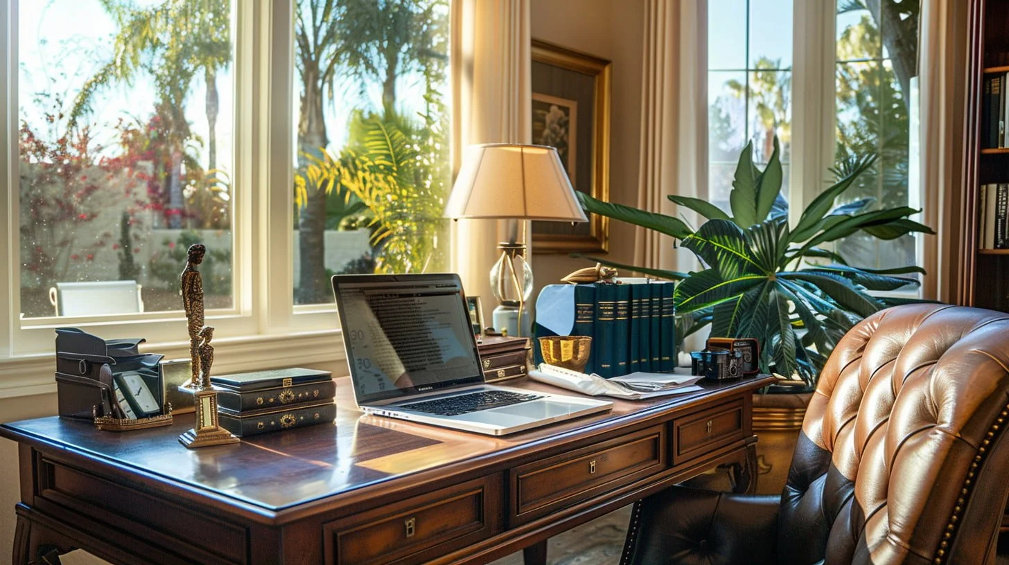 Discreet probate appraisal workspace for Riverside estates—desk, legal documents, and local market analysis