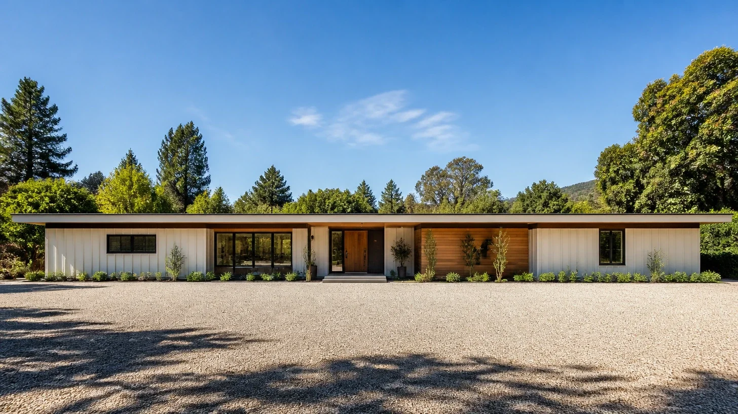 A long single-storey Calabasas home with a deep flat eave and painted board walls, seen square on across an open gravel forecourt