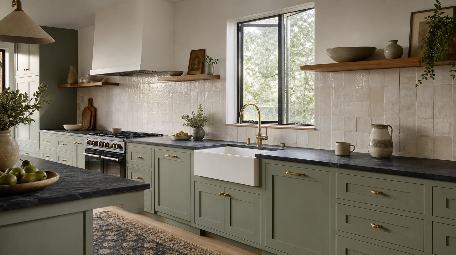 A renovated kitchen with shaker cabinetry, honed dark stone counters, a fireclay apron sink, brass tapware and an oak shelf