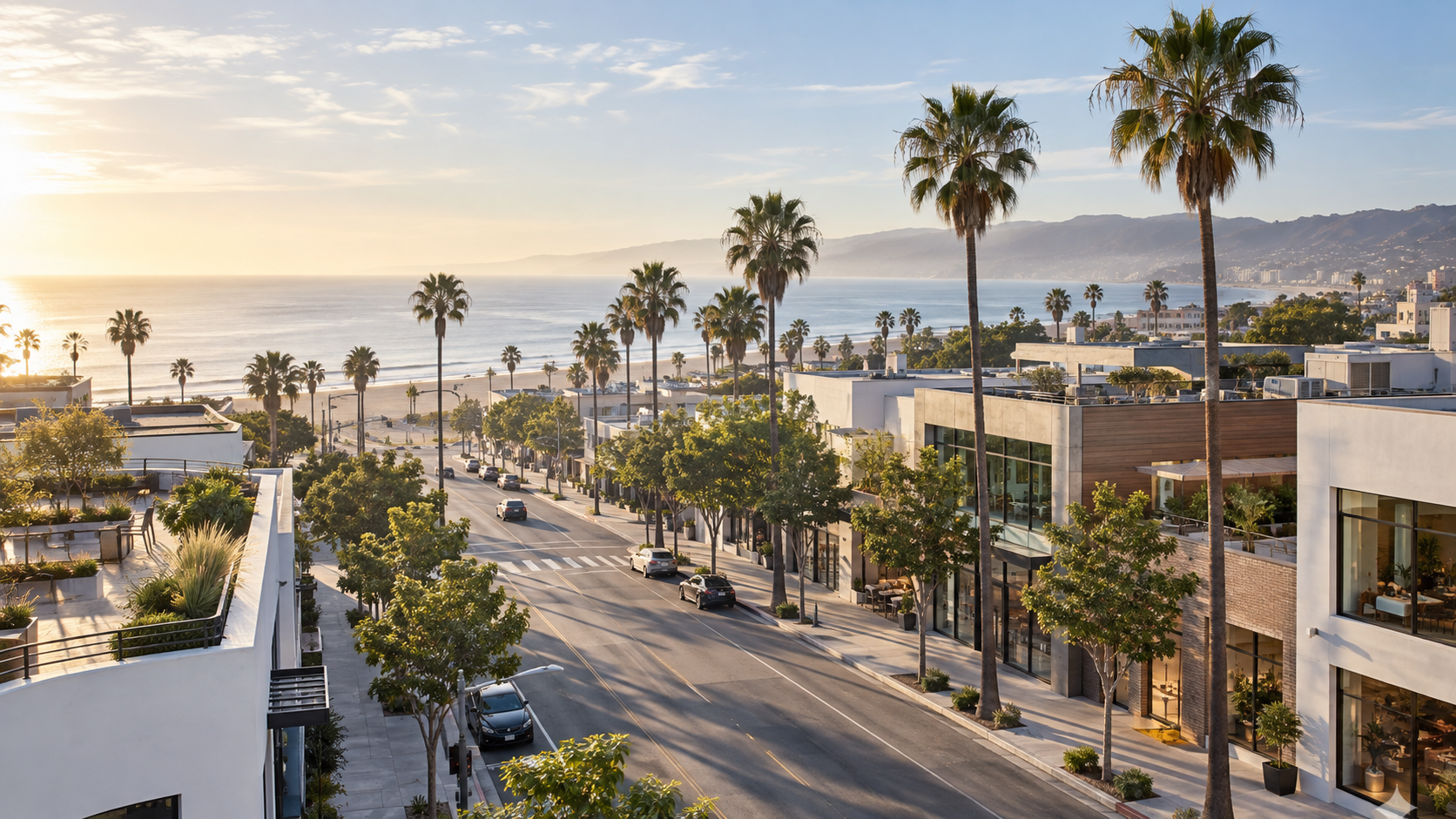 Santa Monica commercial office and retail corridor near the coast