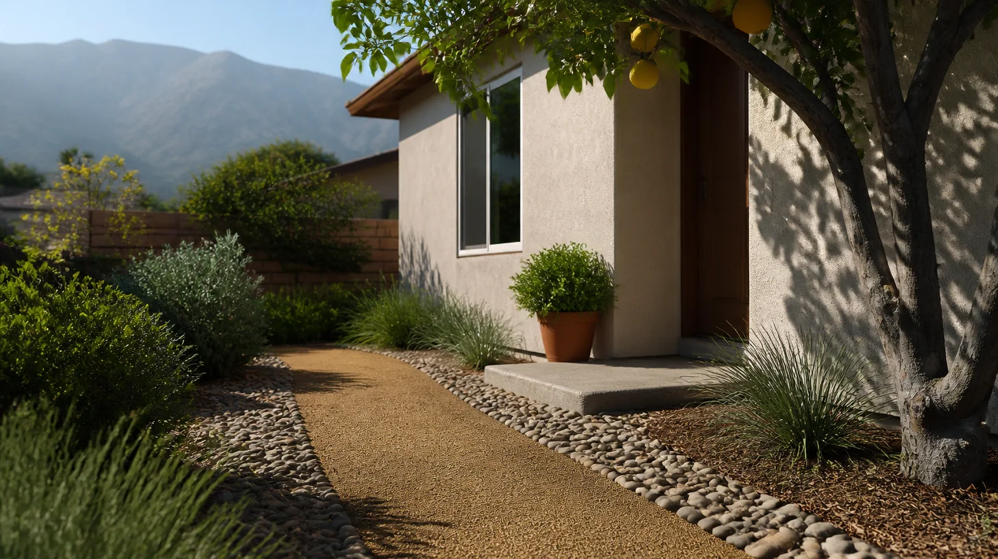 A decomposed granite front walkway edged with cobbles leading to the door of a single-story stucco house, with lavender, ornamental grasses, a lemon tree and a mountain ridge behind