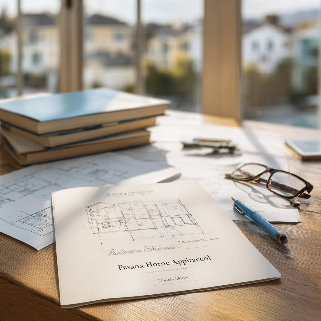 Neutral Pasadena divorce appraisal workspace with home valuation notes and date-of-separation documentation