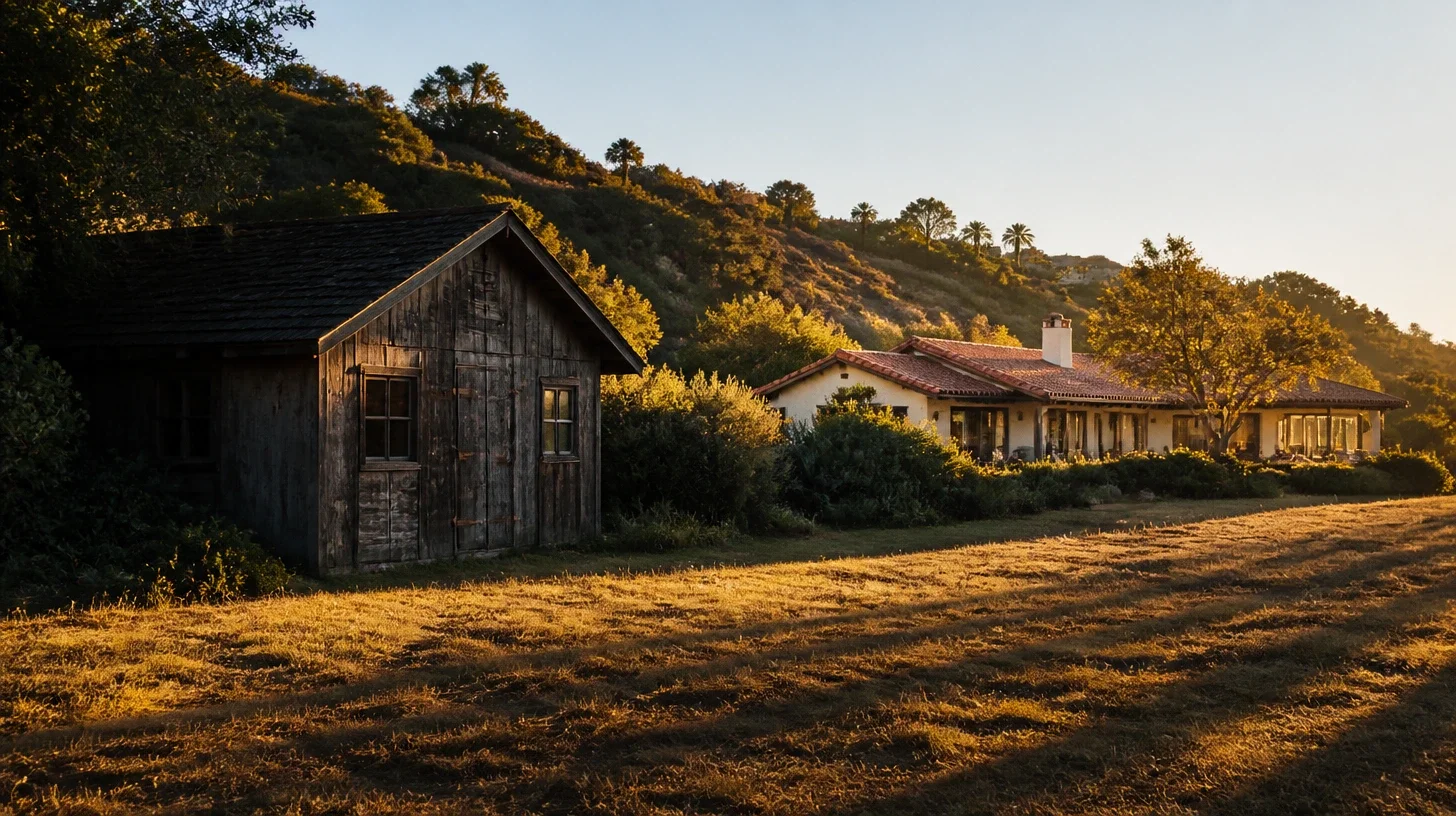 Two Malibu buildings in one moment of low sun, an older outbuilding standing dark in its own shadow against a fully lit hillside while the main house takes the same light full on its face