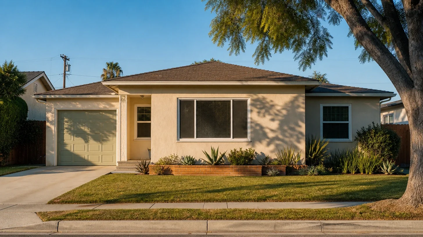 A single-storey postwar stucco ranch house seen square-on from the street, with an attached garage, a wide picture window, a low brick planter of agaves and a lawn crossed by the shadow of a tree just out of frame