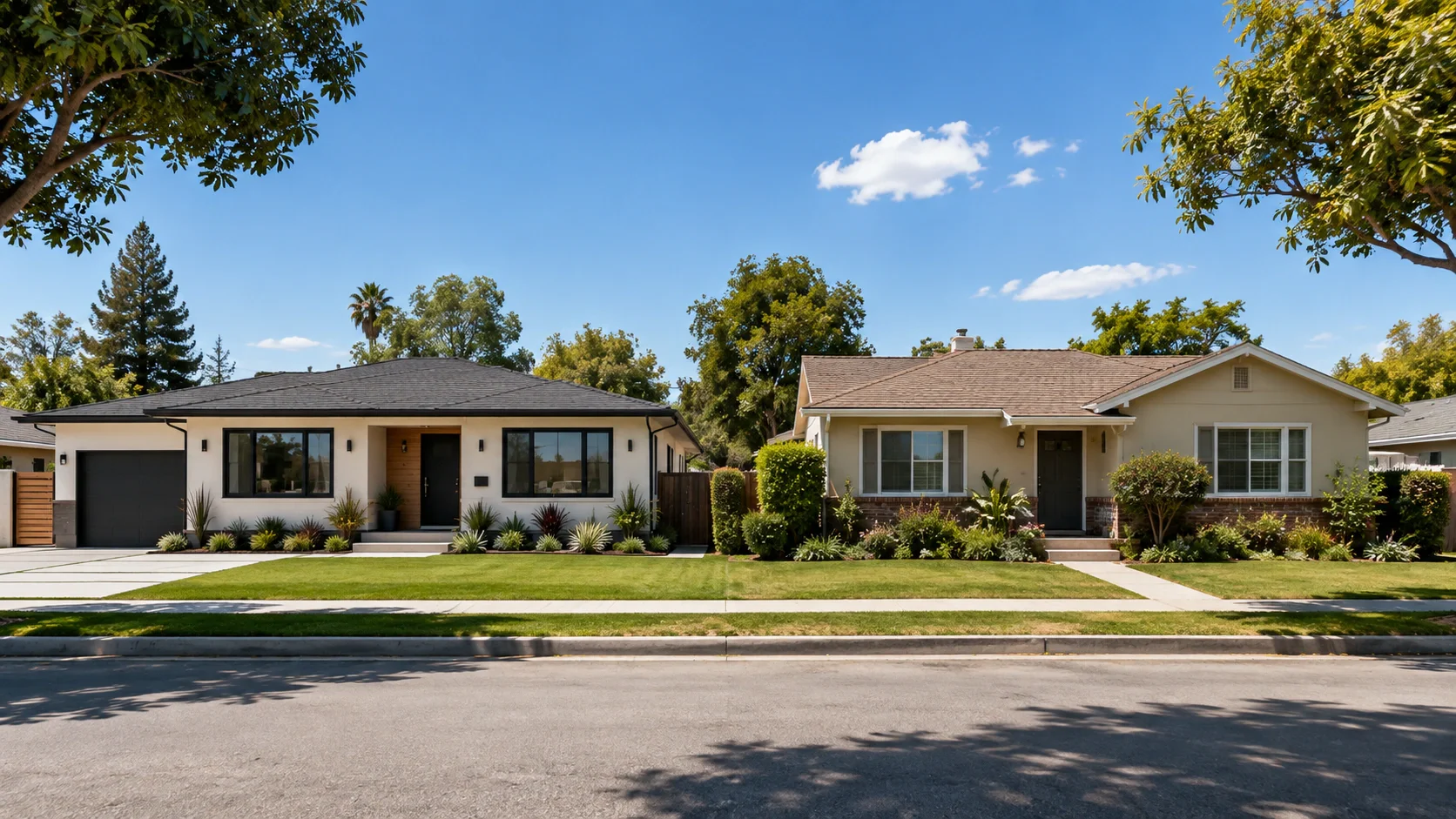 Two neighbouring single-storey homes of the same era side by side on one street, one renovated with newer dark-framed windows and one kept in its original condition with a mature garden.