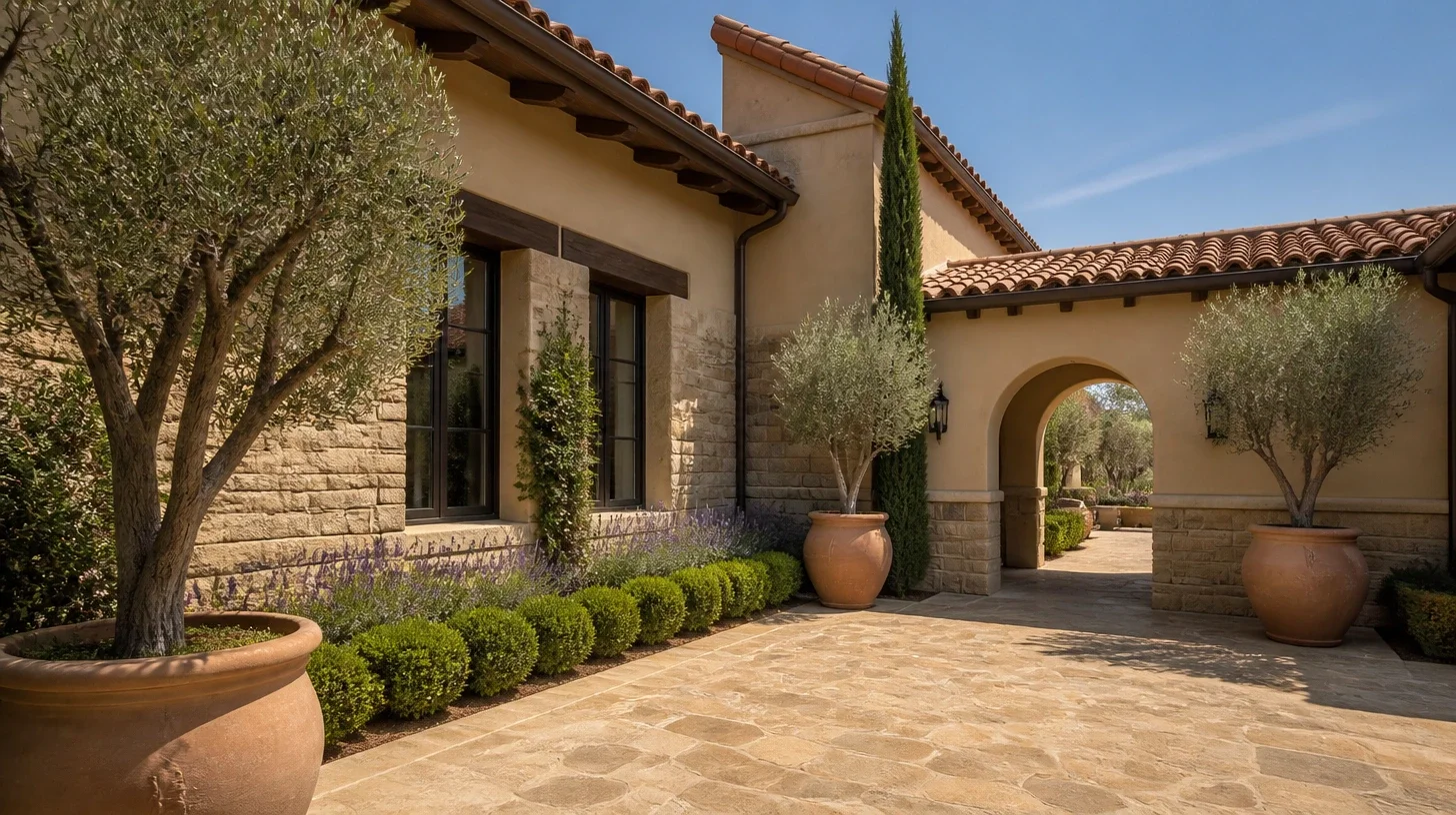 The entry courtyard of a Calabasas home, stone paving and terracotta olive urns beneath a tiled eave, an arched opening leading through to a further court